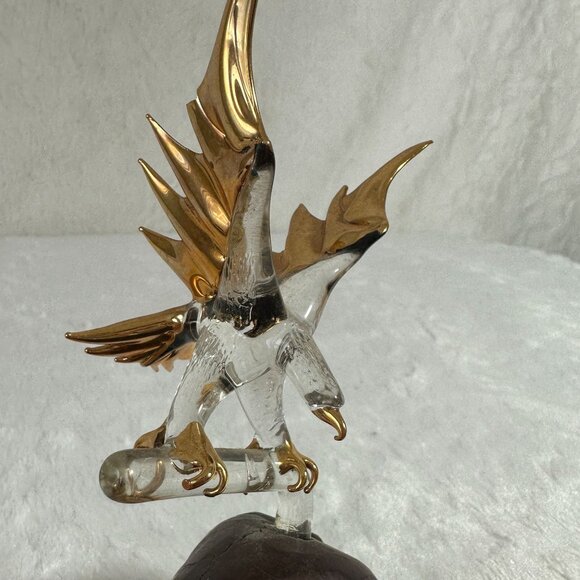 Vintage Glass Baron Bald Eagle Blown Art Statue Burl Wood Base 22 kt Gold tips - Picture 3 of 8